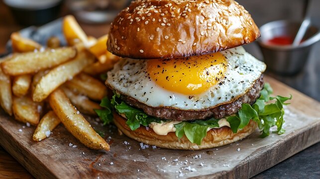 Appetizing homemade beef burger with a fried egg and french fries on a wooden board