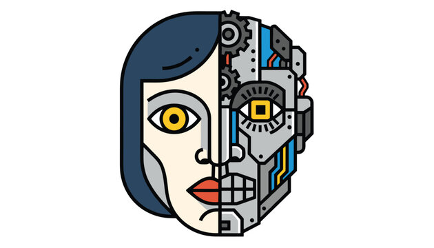 Bionic woman concept showing half a human face and half a robotic face with visible gears and circuits on a white background.