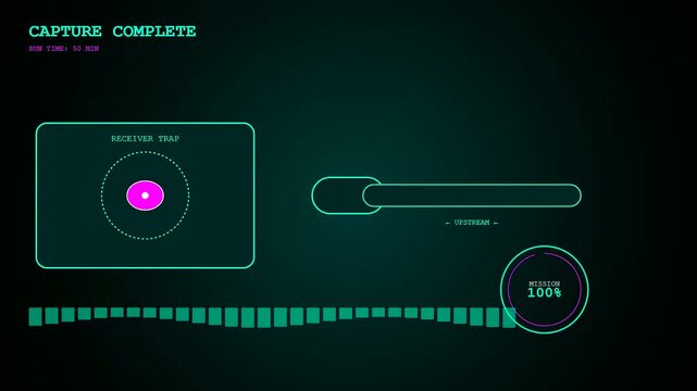 Pipeline pigging interface progression shows a geometric progress bar filling as the central circular target indicator transitions across the screen within a modern green data display