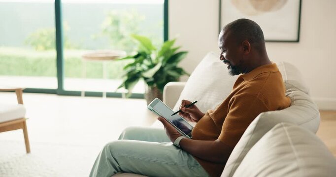 Man, writing and remote work in home with tablet, review proposal and campaign for digital marketing. Mature, black person and freelancer on sofa with tech, stylus or online checklist for advertising