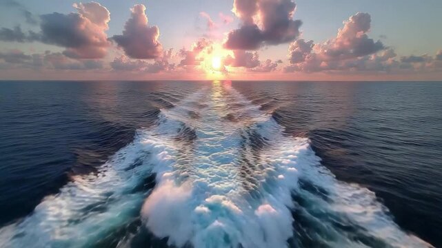Sunrise Over the Ocean: The sun ascends over a vast ocean horizon, casting a warm glow on the rippling water and dramatic clouds, leaving a trail of foamy waves in its wake.