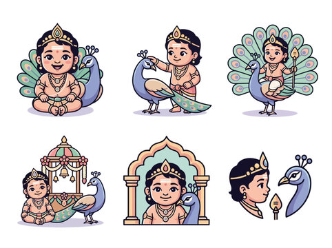 Cute Murugan with peacock cartoon stickers