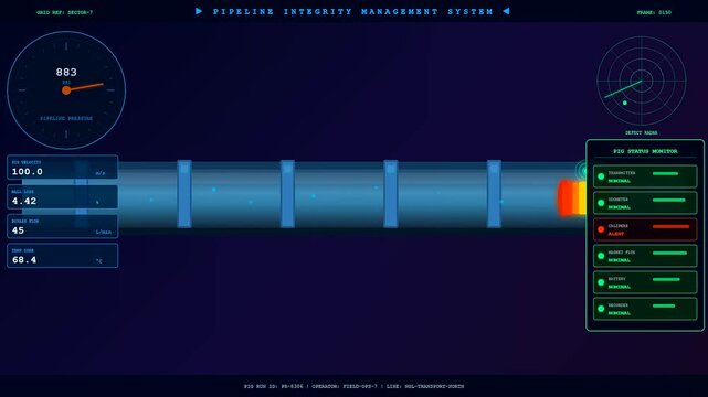 Pipeline pigging data monitoring displayed on a digital interface showing animated sensor readings fluid dynamics and real time technical diagnostic feedback within a modern industrial software system