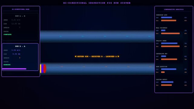 A pipeline pigging diagnostic sequence unfolds across three dynamic screens displaying real time data metrics and monitoring fluid flow through a simulated industrial infrastructure grid display