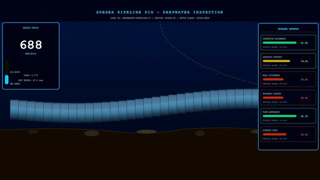 A pipeline pigging device navigates across a dark underwater ocean floor represented by a digital interface showing pressure data and structural integrity metrics for subsea maintenance