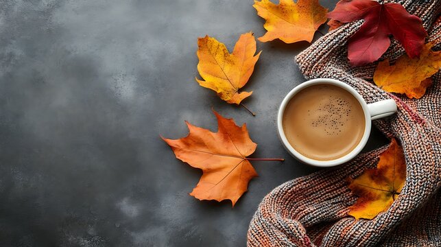 Autumn composition with a cup of hot coffee, colorful maple leaves, and a cozy knitted sweater on a dark background