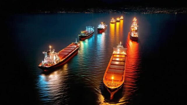 Night Voyage: A fleet of cargo ships illuminated by their deck lights glides across a dark, calm sea, reflecting a mesmerizing glow against the inky water.