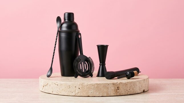 Black bar tools set for cocktails on stone pedestal with cocktail equipment mixology bartender pedestal beverage