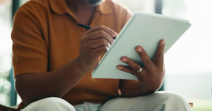 Hands, tablet and man with pen for remote work, graphic design and online sketch for campaign at home. Tech, stylus and person in house for drawing logo with brand development, ads and freelancer