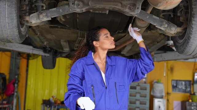 Woman mechanic examining the underside of a car in a professional automotive workshop environment