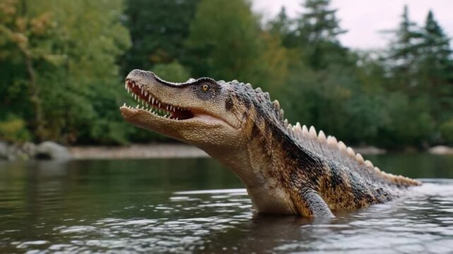 Caiman Emerging from Water: A powerful caiman with reptilian scales and sharp teeth emerges from the dark water, its eyes focused intently, surrounded by lush forest vegetation.