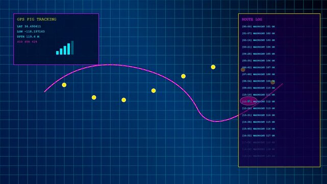 A digital pipeline pigging tracking interface shows moving data points across a grid monitor with dynamic movement logs to visualize progress during a standard industrial inspection procedure