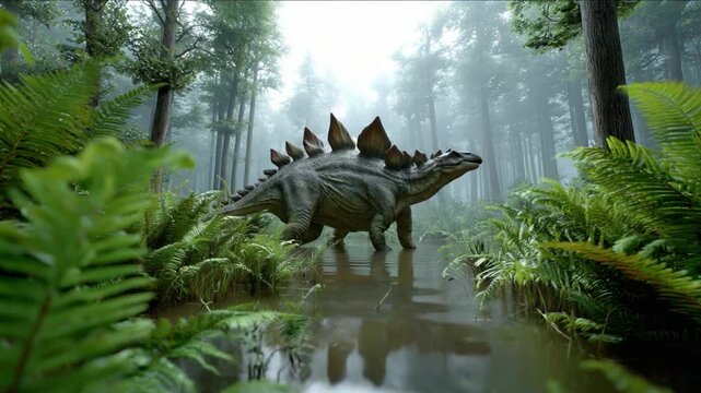 Stegosaurus in a Lush Prehistoric Forest: A fearsome Stegosaurus, with its iconic plated back and spiked tail, walks through a damp, misty prehistoric forest filled with ancient ferns and trees.