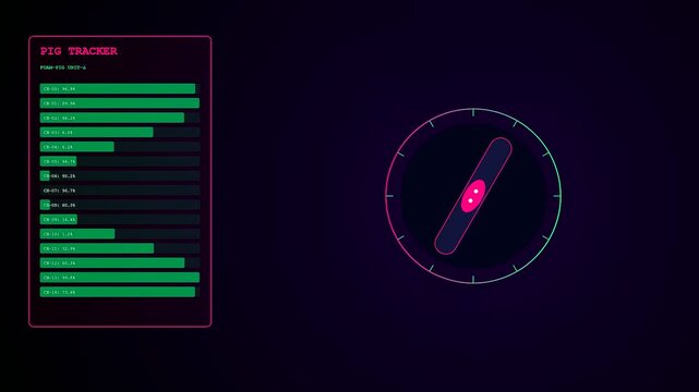 Pipeline pigging data displayed on futuristic digital interfaces with green bar charts and glowing circular compass widgets showing moving sensors across a dark screen environment