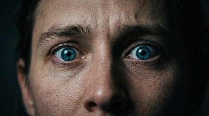 Naklejka premium Close-up portrait of a woman with wide blue eyes looking at the camera with a fearful and anxious expression, portrait