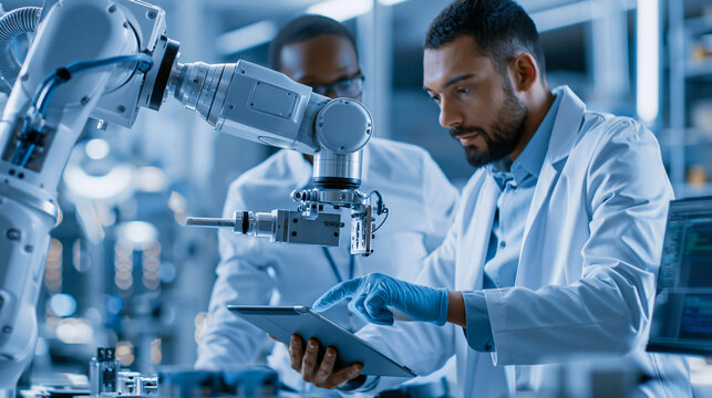 Faceless young team of multicultural engineers using a tablet computer to analyze and discuss how a futuristic robotic arm works and moves a metal object, high-tech research