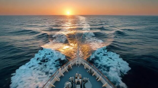 Sailing into the Sunrise: The bow of a ship cuts through the calm ocean waters, leaving a trail of white foam as it sails towards a vibrant sunrise on the horizon.