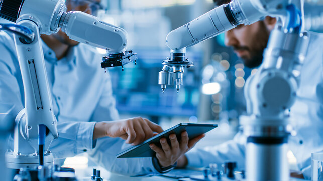 Faceless young team of multicultural engineers using a tablet computer to analyze and discuss how a futuristic robotic arm works and moves a metal object, high-tech research
