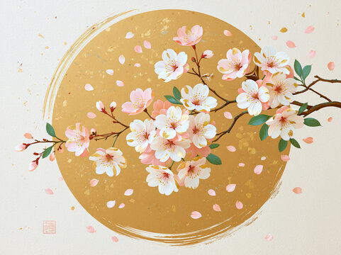 金色の円背景に咲く桜の枝イラスト