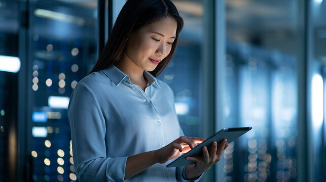 Faceless Asian female systems administrator standing in a glass office, adjusting cloud server configuration settings on a tablet, operating AI training infrastructure, defocused