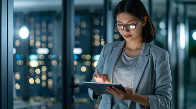 Faceless Asian female systems administrator standing in a glass office, adjusting cloud server configuration settings on a tablet, operating AI training infrastructure, defocused
