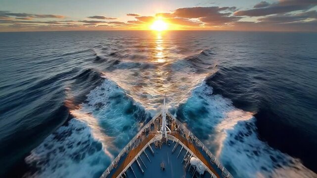 Cruise Ship Bow at Sunset: The prow of a cruise ship cuts through the vast, shimmering ocean as the sun dips below the horizon, casting a warm, golden light across the waves.