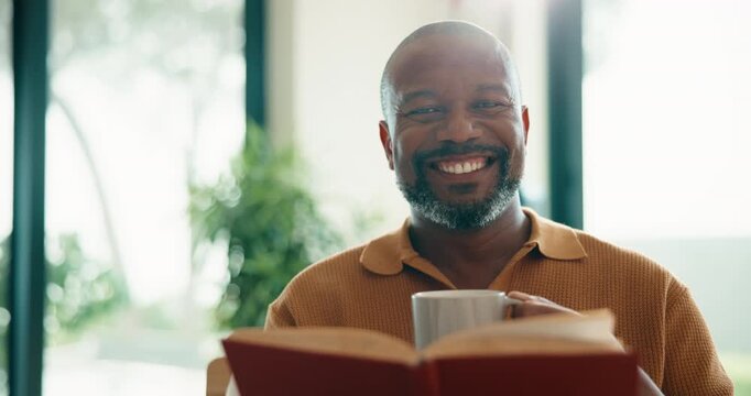 Face, man and book in home with coffee cup, relax and happiness with peace in morning. Novel, beverage and mature black person at living room apartment with portrait, smile and literature hobby