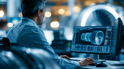 Fototapeta premium Faceless industrial designer working on CAD software on a desktop computer in a turbine engine startup facility, researching and developing high-tech engine technology, defocused