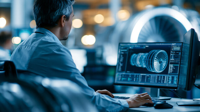 Faceless industrial designer working on CAD software on a desktop computer in a turbine engine startup facility, researching and developing high-tech engine technology, defocused