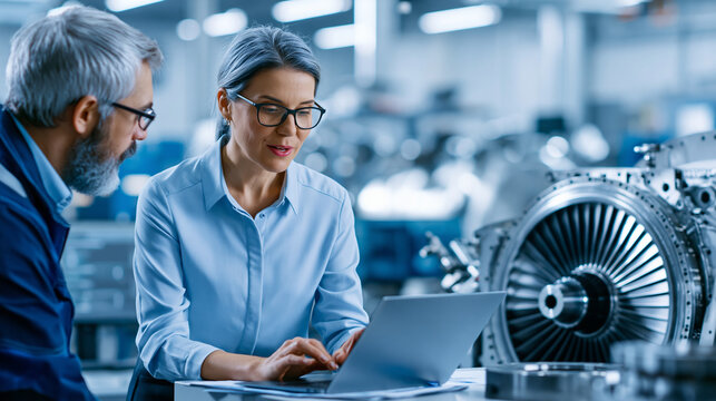 Faceless female manager having a conversation with a male engineer about an industrial jet turbine in a factory development workshop, tech facility with machines computers and