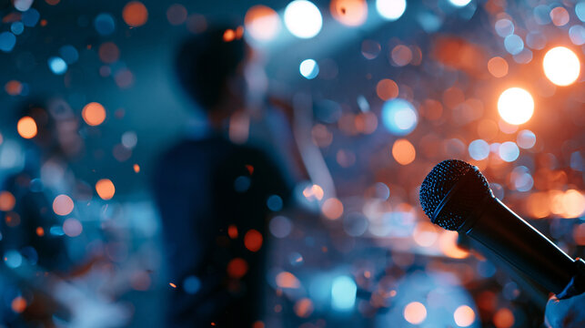 Faceless rock band delivering a captivating live concert, lead singer performing center stage with falling confetti, band members creating an immersive rock music experience,