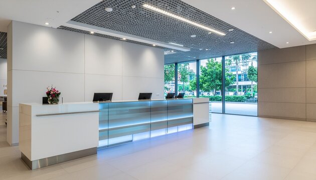 Modern spacious office lobby reception desk with contemporary interior design and glass window view