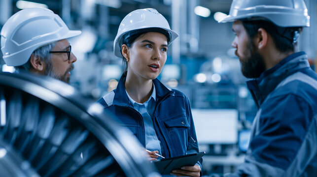 Faceless female manager having a conversation with a male engineer about an industrial jet turbine in a factory development workshop, tech facility with machines computers and