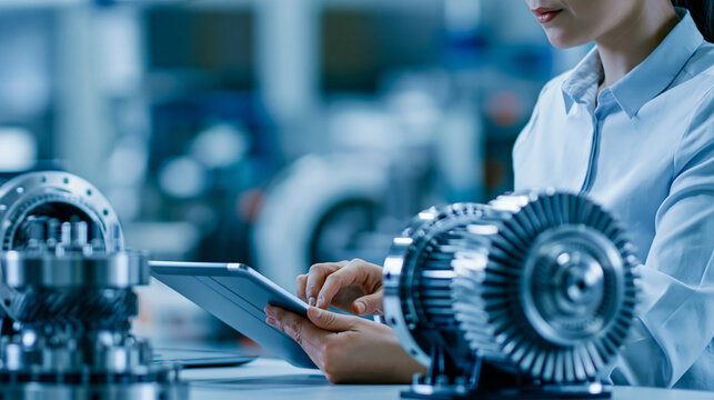 Faceless beautiful female industrial turbine specialist standing at a table with an innovative prototype engine, using a tablet computer to develop a high-tech electric motor,