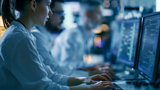 Faceless team of portrait of female and male engineers using computers to connect analyze and discuss how to test an innovative jet engine, working in a high-tech research