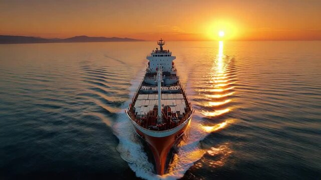 Cargo Ship at Sunset: A large cargo ship navigates the tranquil ocean waters at sunset, its silhouette set against a vibrant sky and a shimmering golden path on the sea.