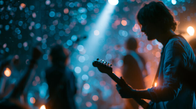 Faceless young indie band playing a rock music gig with alternative punk tracks at a festival, five charismatic musicians performing under falling confetti, defocused energetic