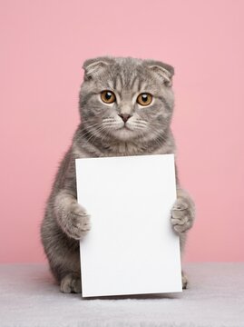 A gray Scottish Fold cat holds a blank card against a soft pink backdrop. Ideal for greeting cards, pet-themed designs, or customizable templates.