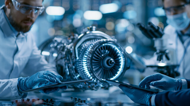 Faceless thrust engine engineer project manager and machinery operator working on a futuristic turbine motor, using tablet computers in a scientific technology lab with a