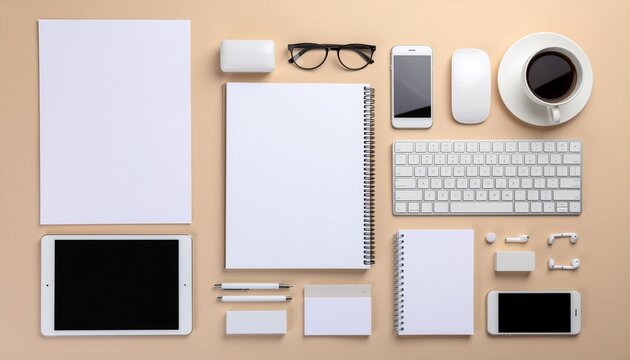 Flat Lay Desktop Workspace with Blank Paper Notebooks Electronic Devices and Office Stationery Accessories on a Minimalist Beige Background