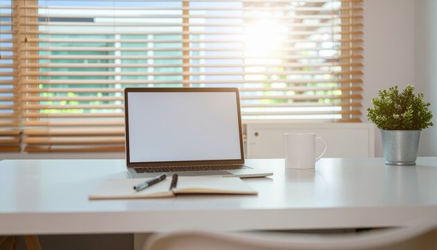 Bright minimalist workspace with blank laptop and notebook on white desk by sunny window blinds