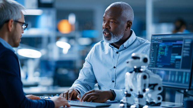 Faceless diverse chief technology officer talking to a software developer, discussing a robot dog concept in a high-tech research and development facility, professional industrial