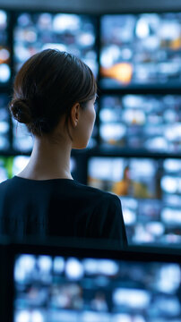 Faceless back view of a woman connecting to an animated stream of digital content, browsing metaverse big data with viral videos, social media profiles with influencers and
