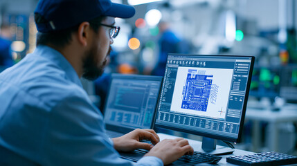 Fototapeta premium Faceless portrait of a handsome Hispanic industrial engineer developing a 3D circuit motherboard model on CAD software in a factory, modern technological research center,