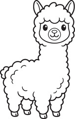 Fototapeta premium Cute cartoon alpaca coloring page, baby llama vector line art for kids.