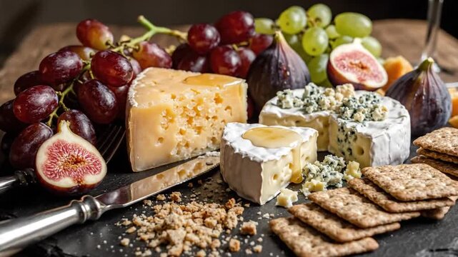 Delicious cheese board arrangement featuring various cheeses, fresh grapes, figs, crackers, and gourmet food presentation.