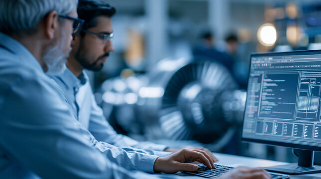 Faceless two turbine engine developers working on programming a prototype jet engine on a desktop computer, young team of international industrial science specialists developing