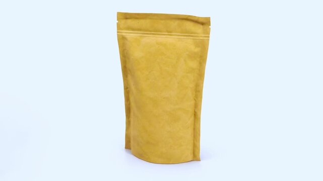 Rotating Blank Brown Kraft Paper Stand-Up Pouch on White Background, 360 Degree Packaging Mockup