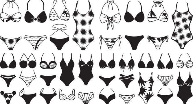 Collection of various swimsuit designs and styles for women  bikinis and onepiece suits