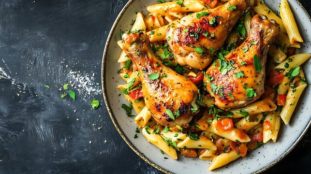 Top view of roasted chicken drumsticks served with penne pasta and chopped tomatoes on a dark background
